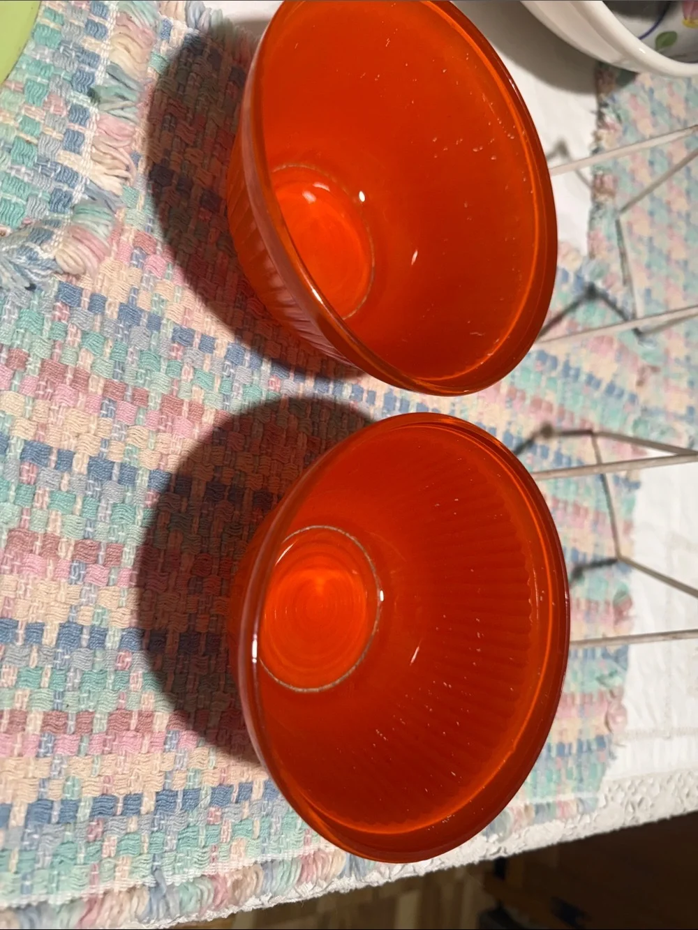 Vintage orange flashed ribbed glass anchor hocking refrigerator bowls